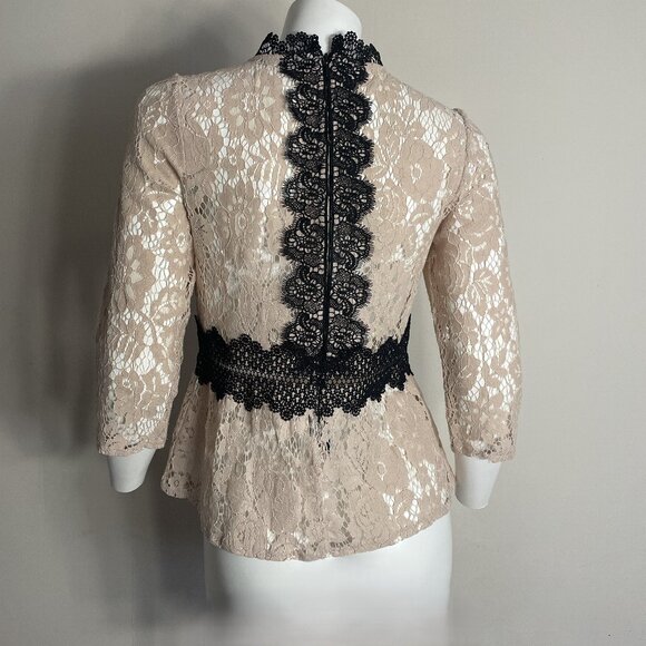 ZARA Lace Sheer Top XS Beige Black Floral High Neck Victorian Romantic Boho Lacy - Picture 5 of 15